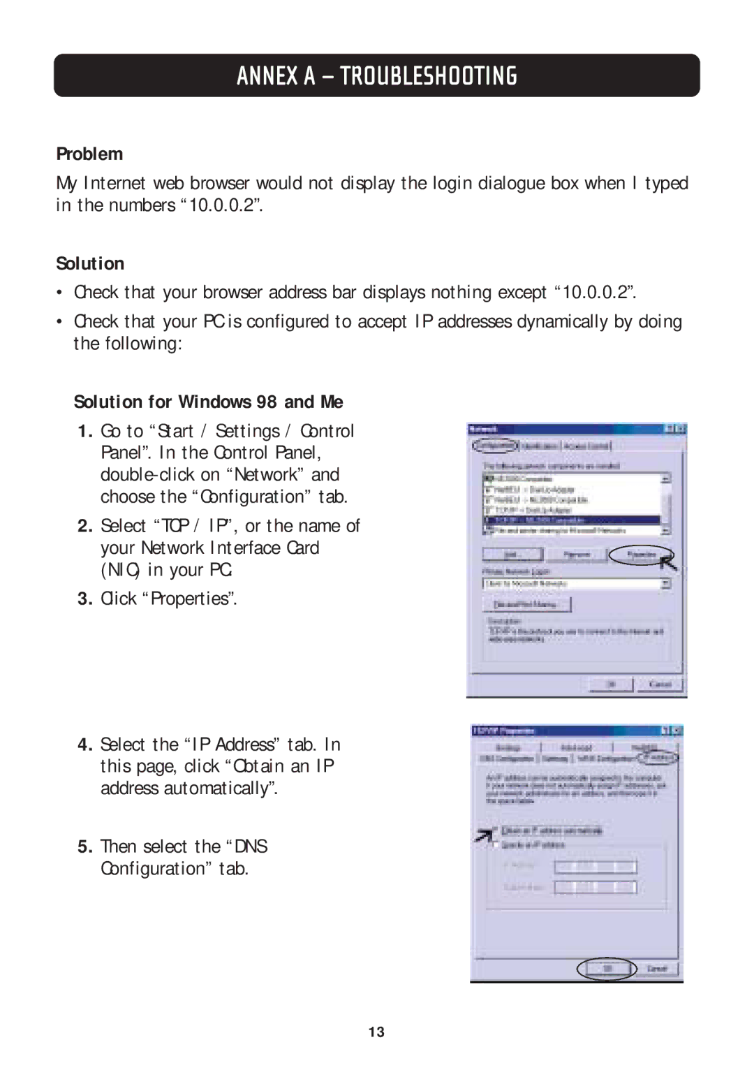 Belkin F5D5730au manual Annex a Troubleshooting, Problem, Solution for Windows 98 and Me 