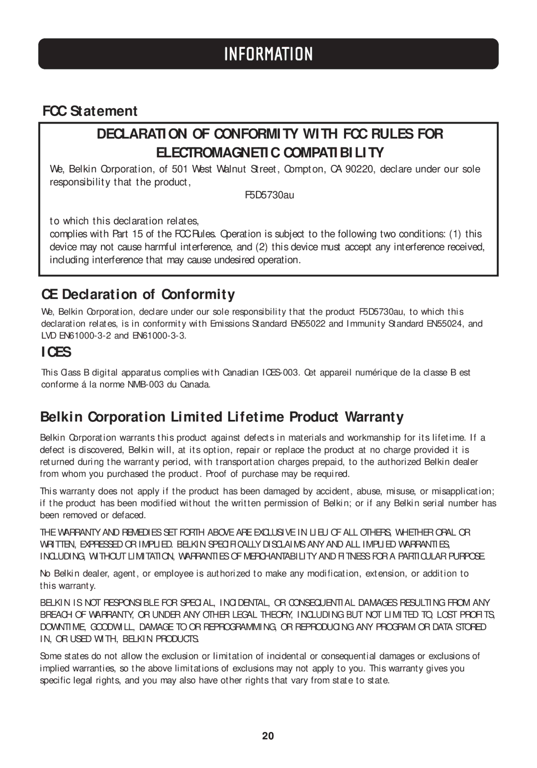 Belkin F5D5730au manual Information, FCC Statement, CE Declaration of Conformity 