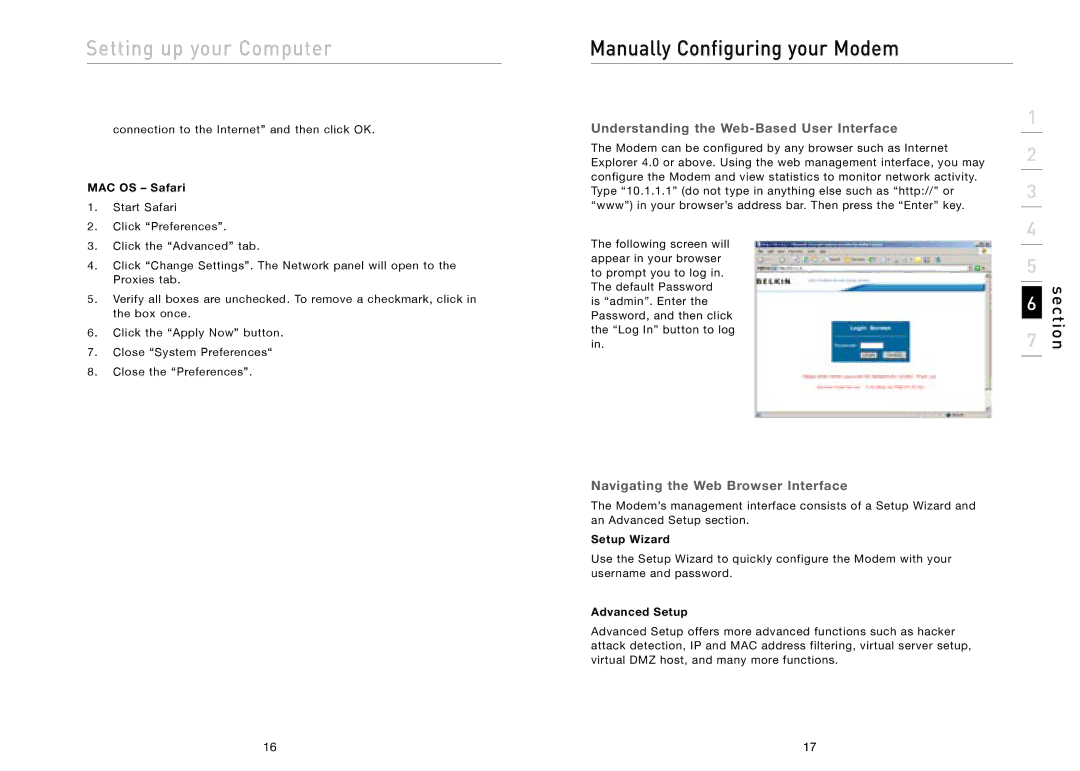 Belkin F5D5730au user manual Manually Configuring your Modem, Understanding the Web-Based User Interface 