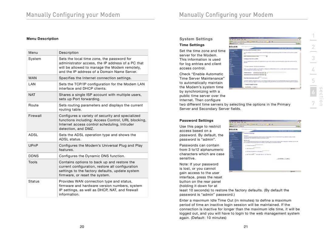 Belkin F5D5730au user manual System Settings, Menu Description, Time Settings, Password Settings 