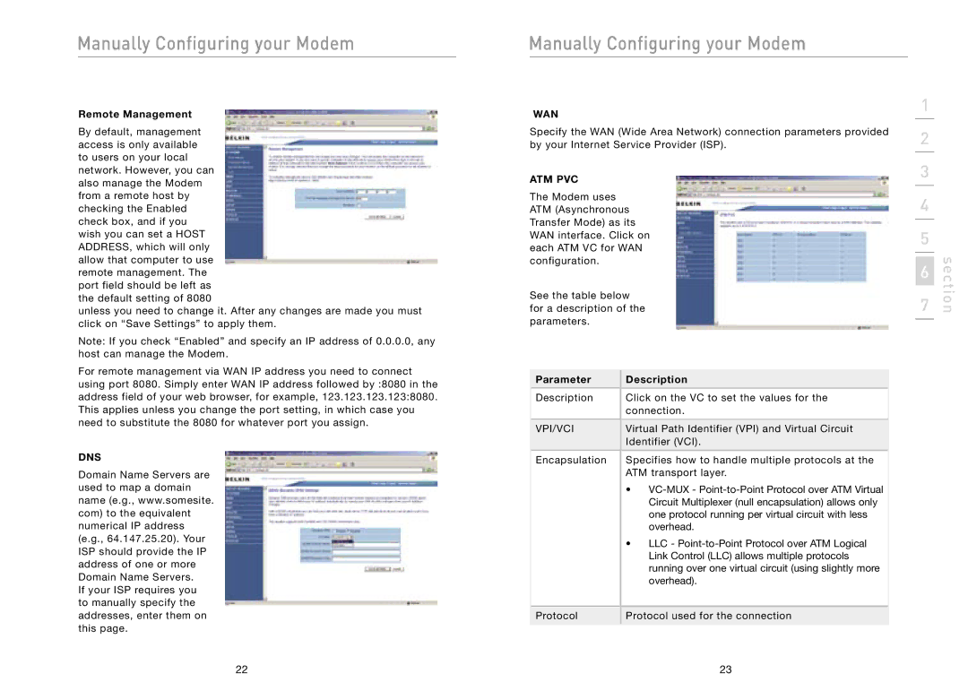 Belkin F5D5730au user manual Remote Management, Dns, Wan, Atm Pvc, Parameter Description 