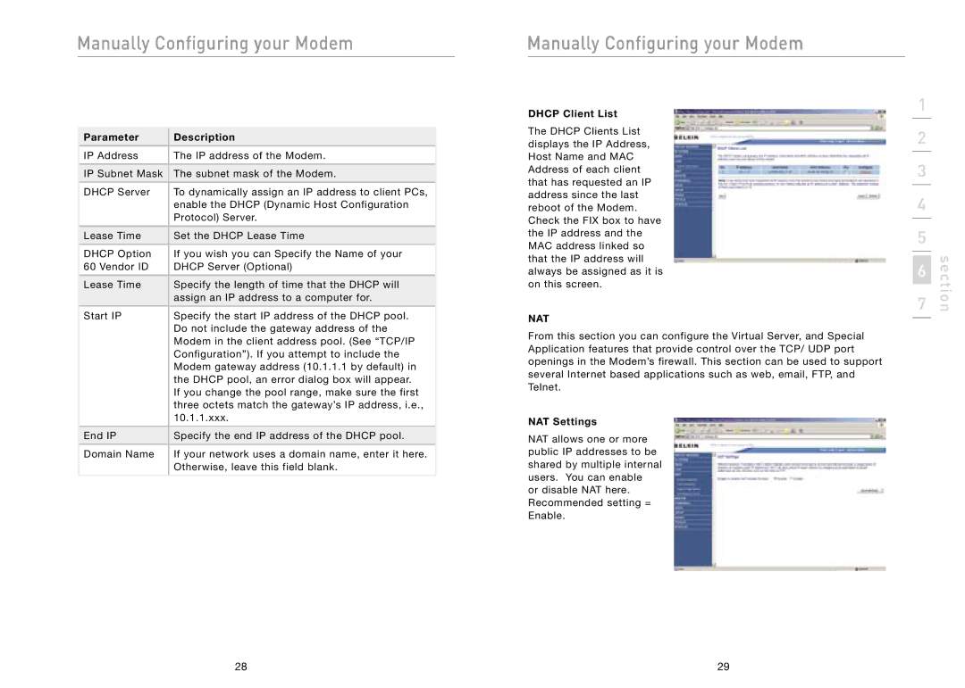 Belkin F5D5730au user manual Dhcp Client List, Nat, NAT Settings 