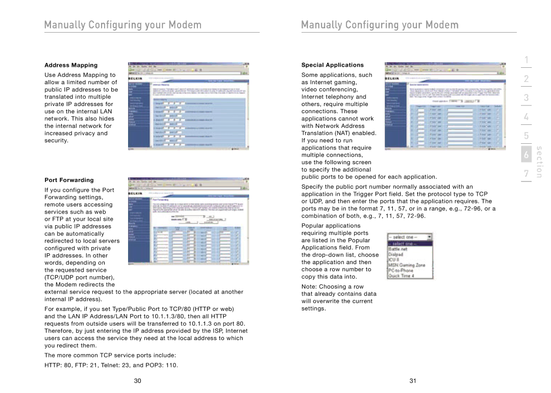 Belkin F5D5730au user manual Address Mapping, Port Forwarding, Special Applications 