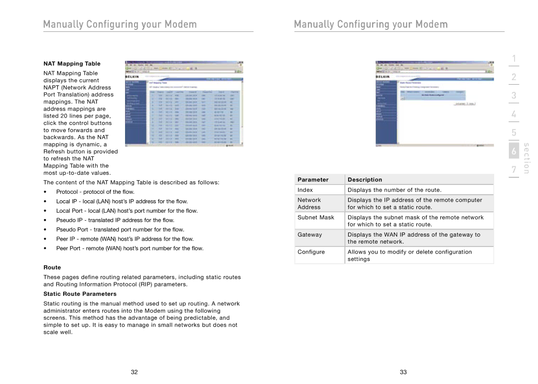 Belkin F5D5730au user manual NAT Mapping Table, Static Route Parameters 