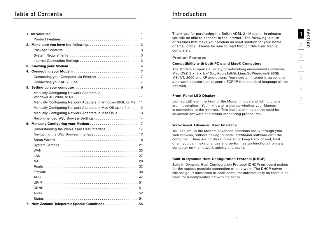 Belkin F5D5730au user manual Table of Contents, Introduction 