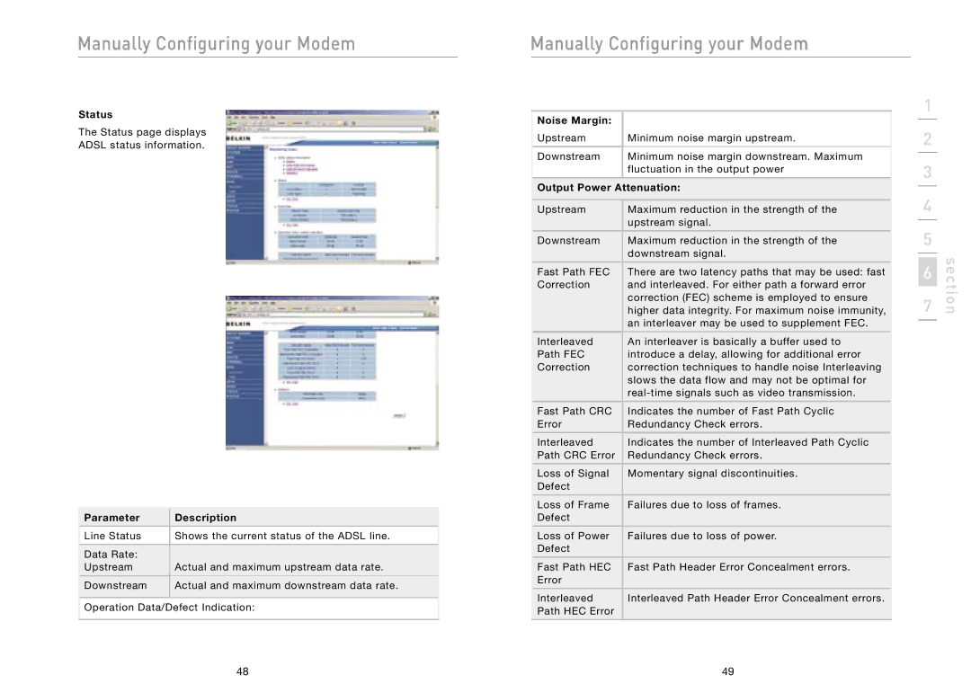 Belkin F5D5730au user manual Status, Noise Margin, Output Power Attenuation 