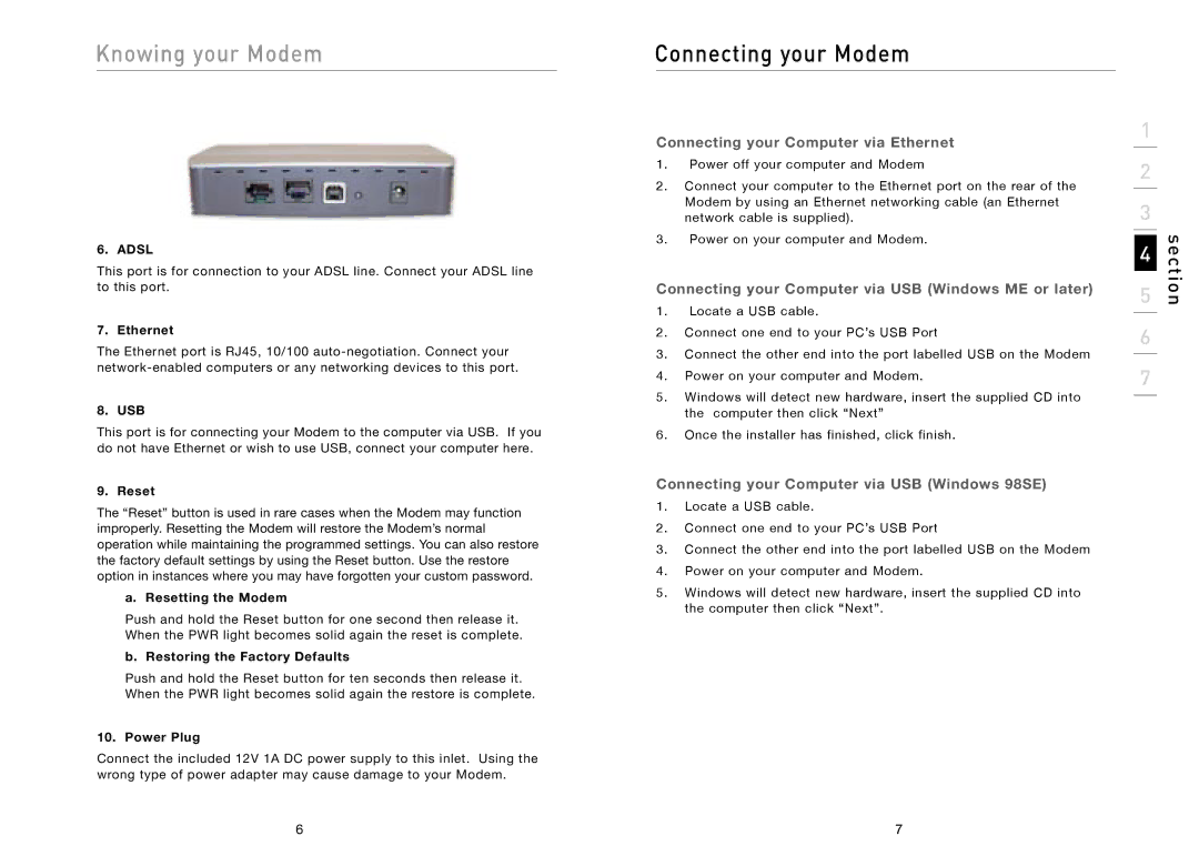 Belkin F5D5730au user manual Connecting your Modem, Connecting your Computer via Ethernet, Adsl 