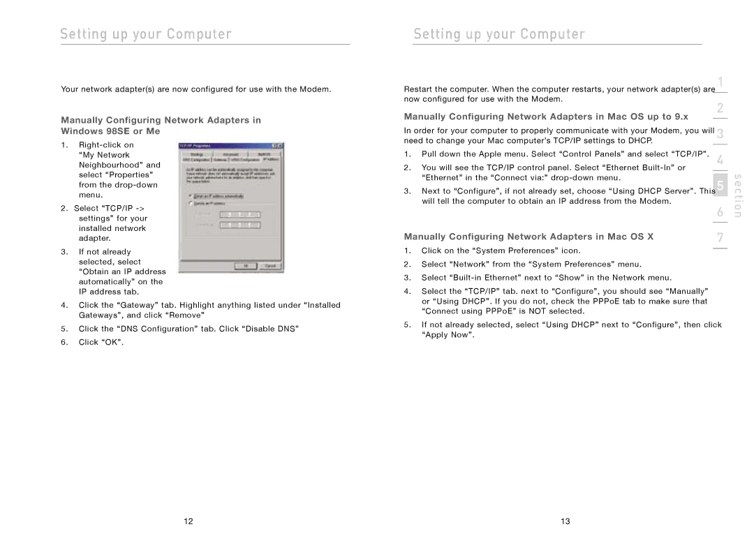 Belkin F5D5730au Manually Configuring Network Adapters Windows 98SE or Me, Manually Configuring Network Adapters in Mac OS 