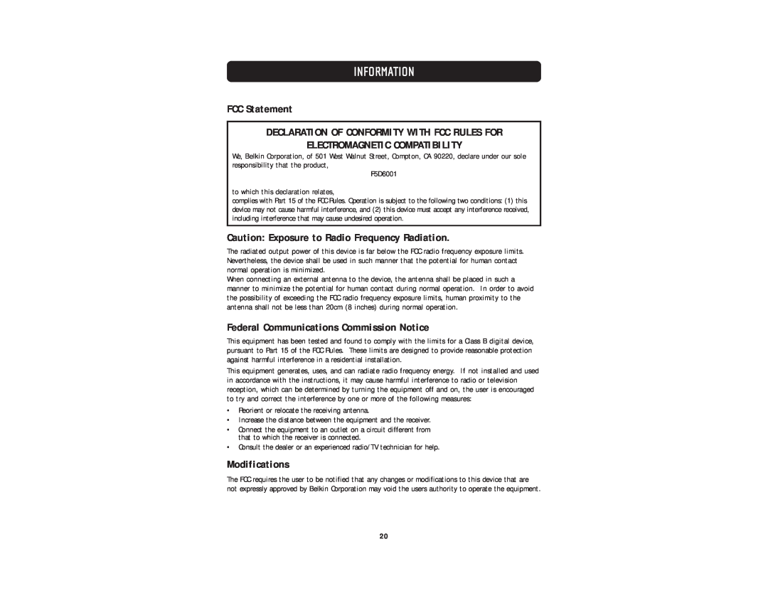 Belkin F5D6001 FCC Statement DECLARATION OF CONFORMITY WITH FCC RULES FOR, Electromagnetic Compatibility, Modifications 