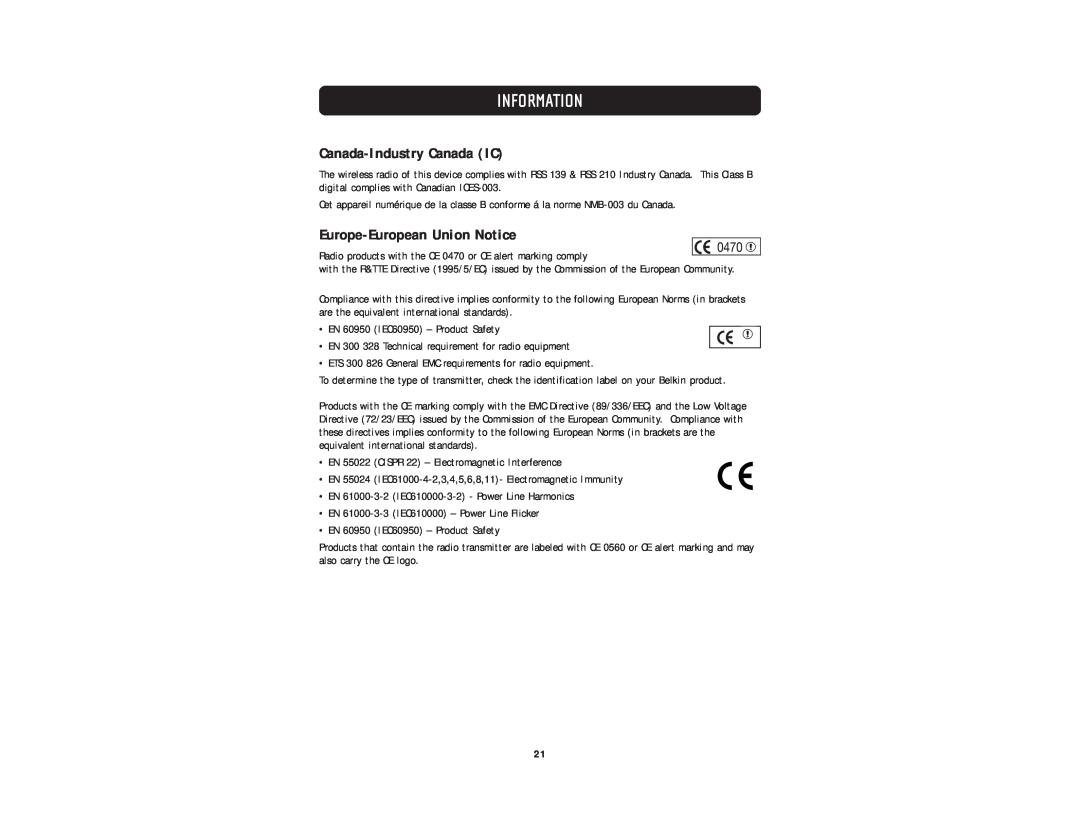 Belkin F5D6001 user manual Canada-Industry Canada IC, Europe-European Union Notice, Information 