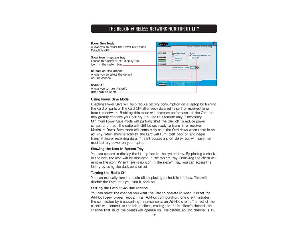 Belkin F5D6001 user manual Using Power Save Mode, Showing the Icon in System Tray, Turning the Radio Off 