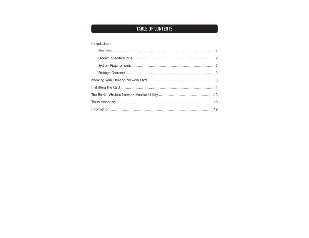 Belkin F5D6001 user manual Table of Contents 