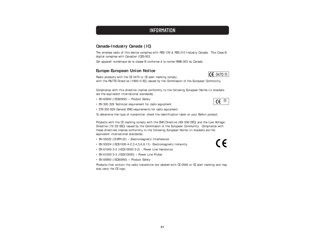 Belkin F5D6001 user manual Canada-Industry Canada IC, Europe-European Union Notice 