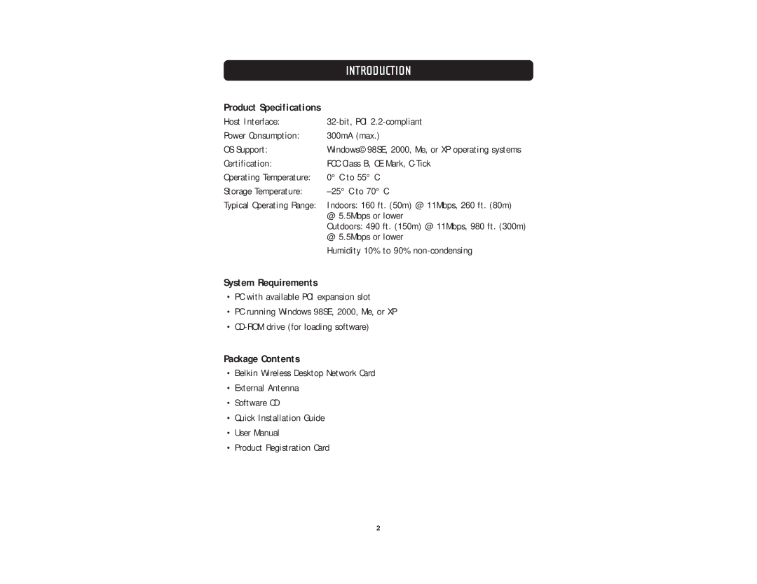 Belkin F5D6001 user manual System Requirements, Package Contents 