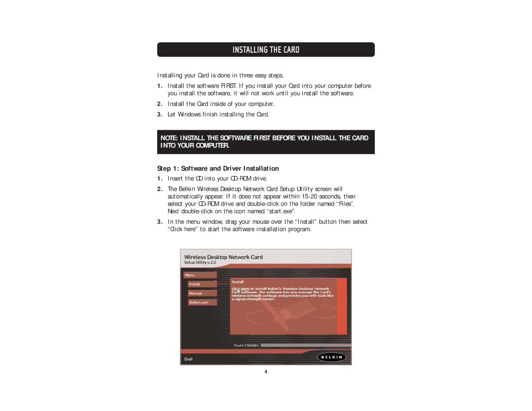 Belkin F5D6001 user manual Installing the Card, Software and Driver Installation 