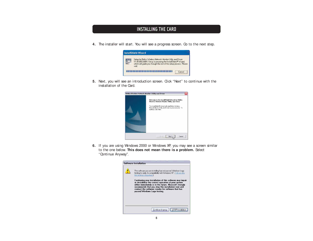 Belkin F5D6001 user manual Installing the Card 