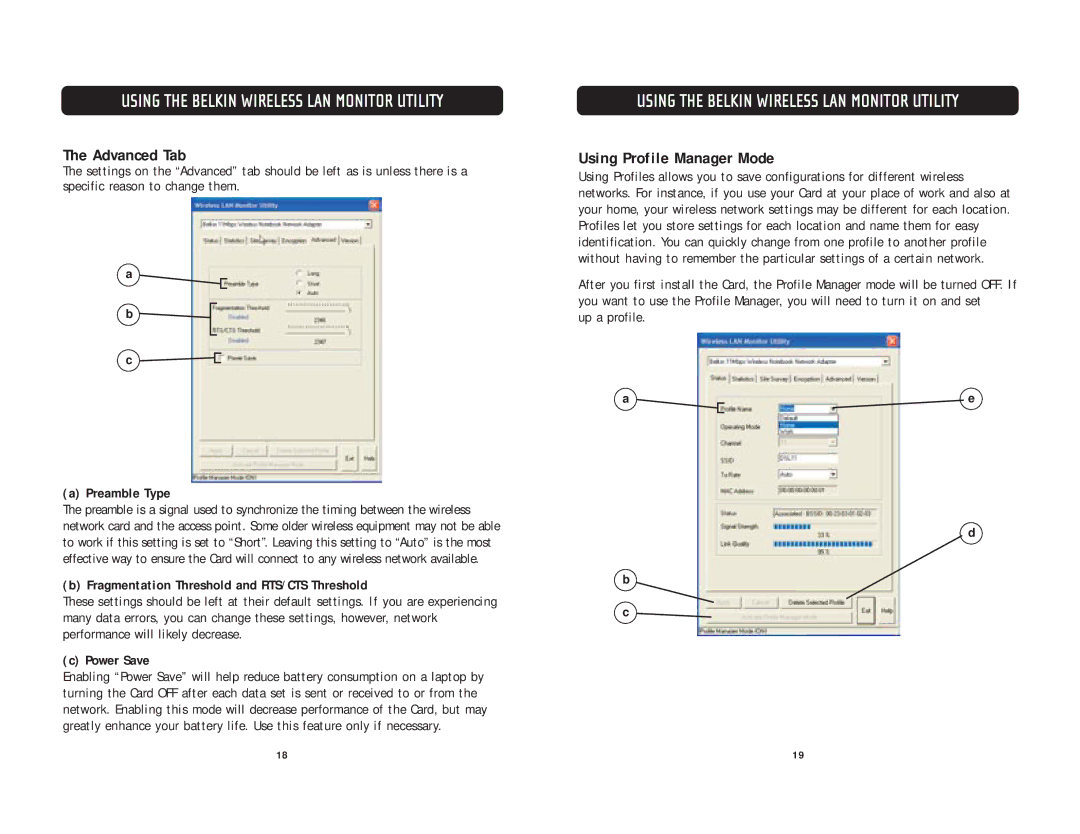 Belkin F5D6020 Advanced Tab, Using Profile Manager Mode, Preamble Type, Fragmentation Threshold and RTS/CTS Threshold 