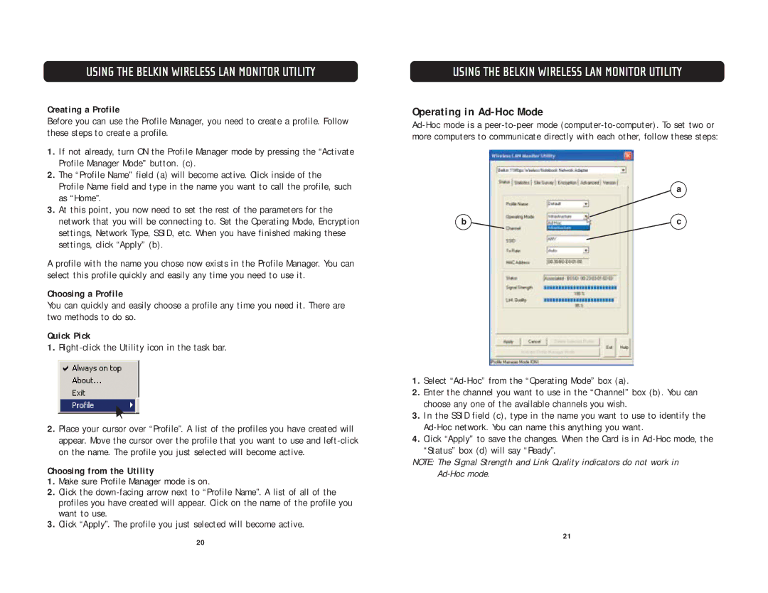 Belkin F5D6020 Operating in Ad-Hoc Mode, Creating a Profile, Choosing a Profile, Quick Pick, Choosing from the Utility 