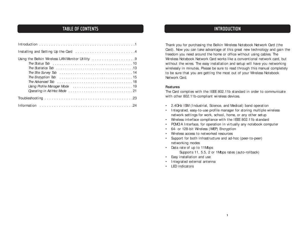 Belkin F5D6020 user manual Table of Contents, Introduction 