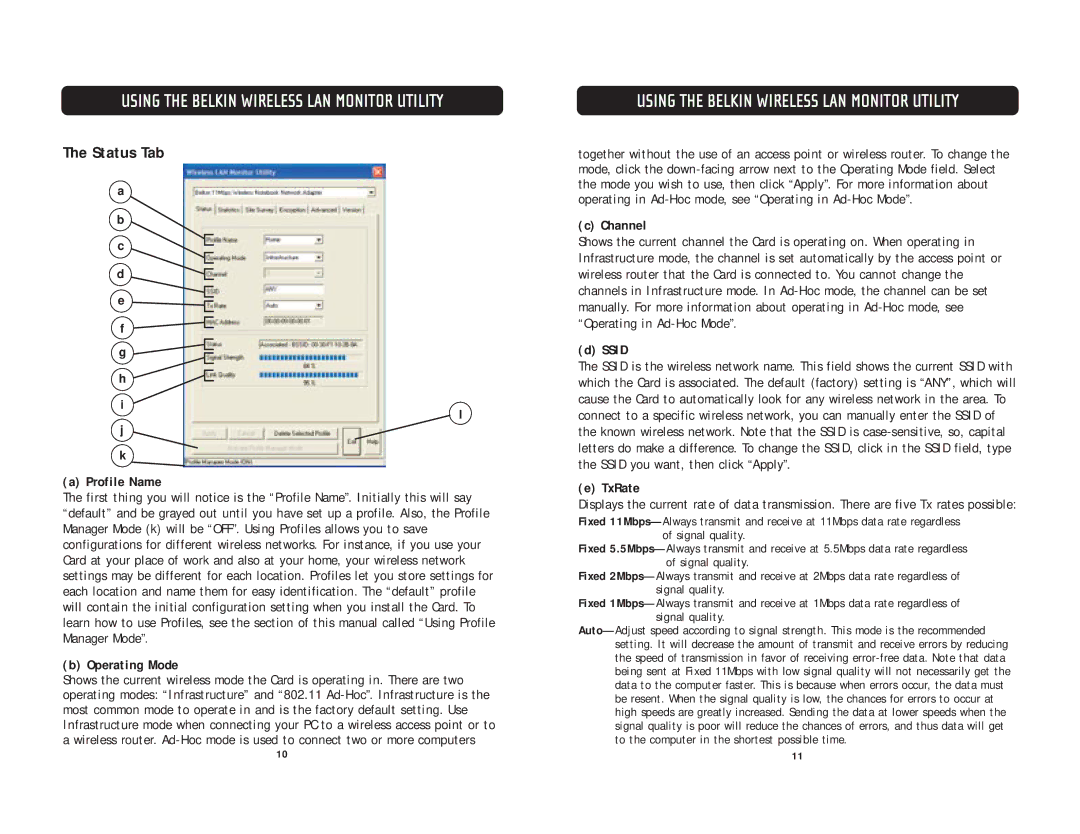 Belkin F5D6020 user manual Using the Belkin Wireless LAN Monitor Utility, Status Tab 