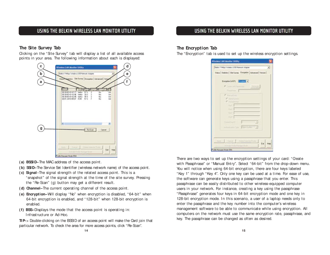 Belkin F5D6020 user manual Site Survey Tab, Encryption Tab 