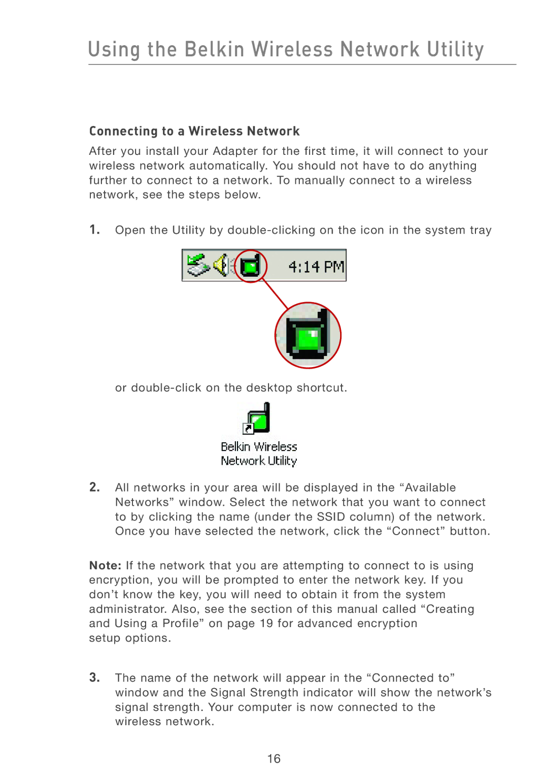 Belkin F5D6051 user manual Connecting to a Wireless Network 