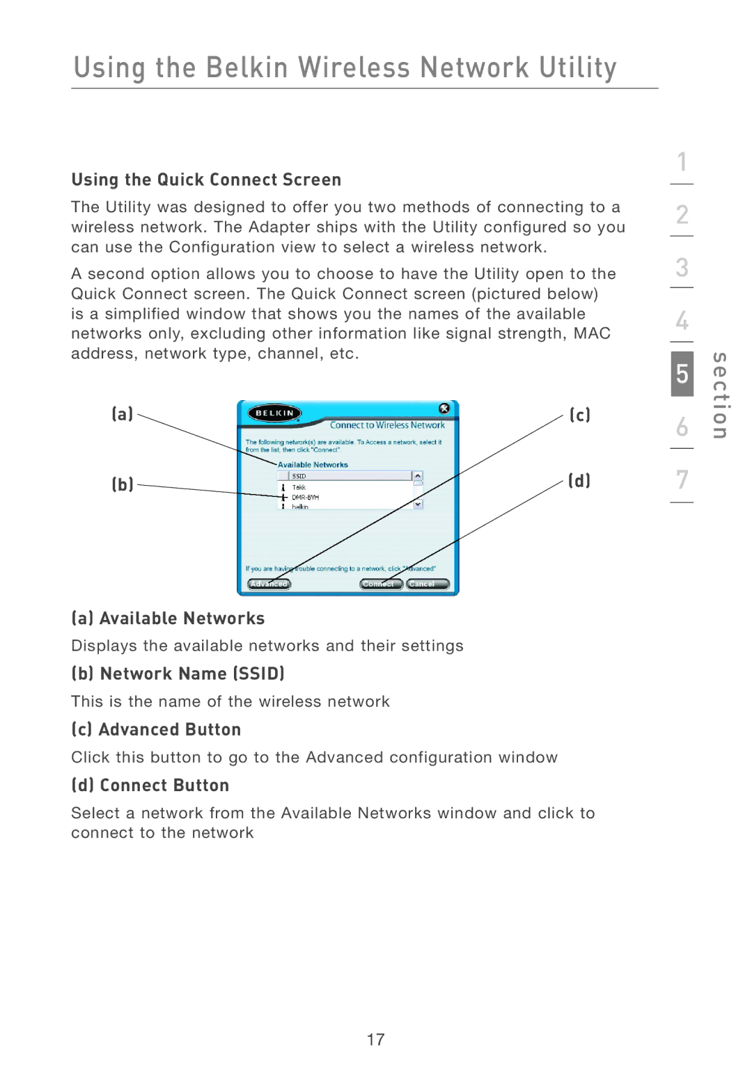 Belkin F5D6051 user manual Using the Quick Connect Screen, Network Name Ssid, Advanced Button 