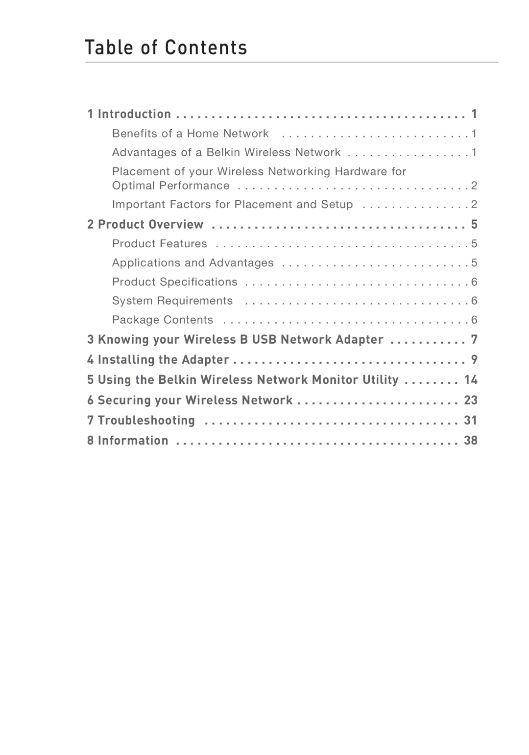 Belkin F5D6051 user manual Table of Contents 