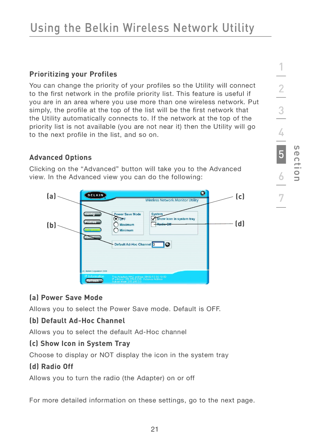 Belkin F5D6051 user manual Prioritizing your Profiles, Advanced Options, Power Save Mode, Default Ad-Hoc Channel, Radio Off 