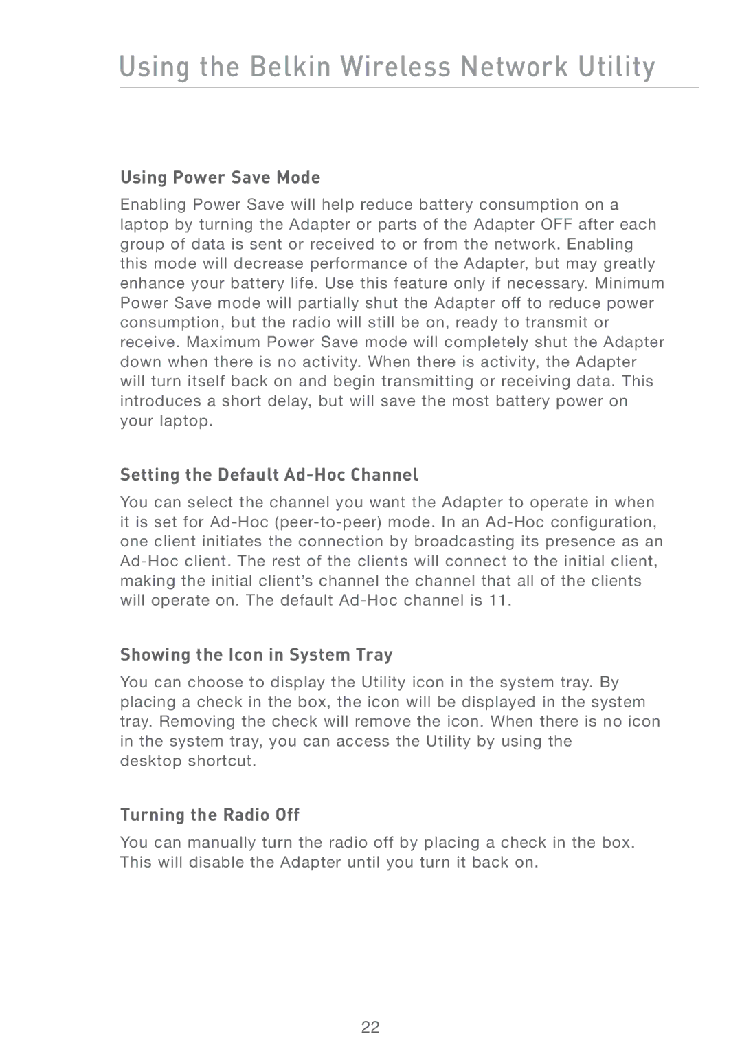 Belkin F5D6051 user manual Using Power Save Mode, Setting the Default Ad-Hoc Channel, Showing the Icon in System Tray 