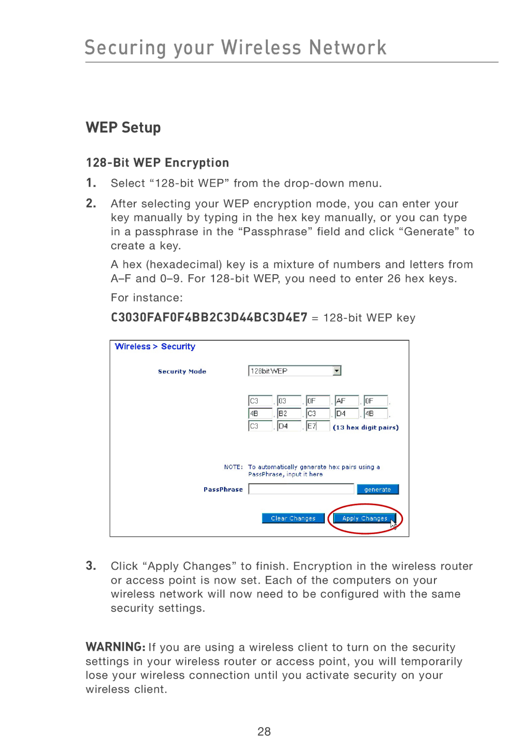 Belkin F5D6051 user manual WEP Setup, Bit WEP Encryption 