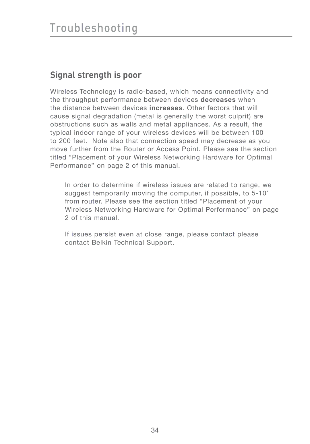 Belkin F5D6051 user manual Signal strength is poor 