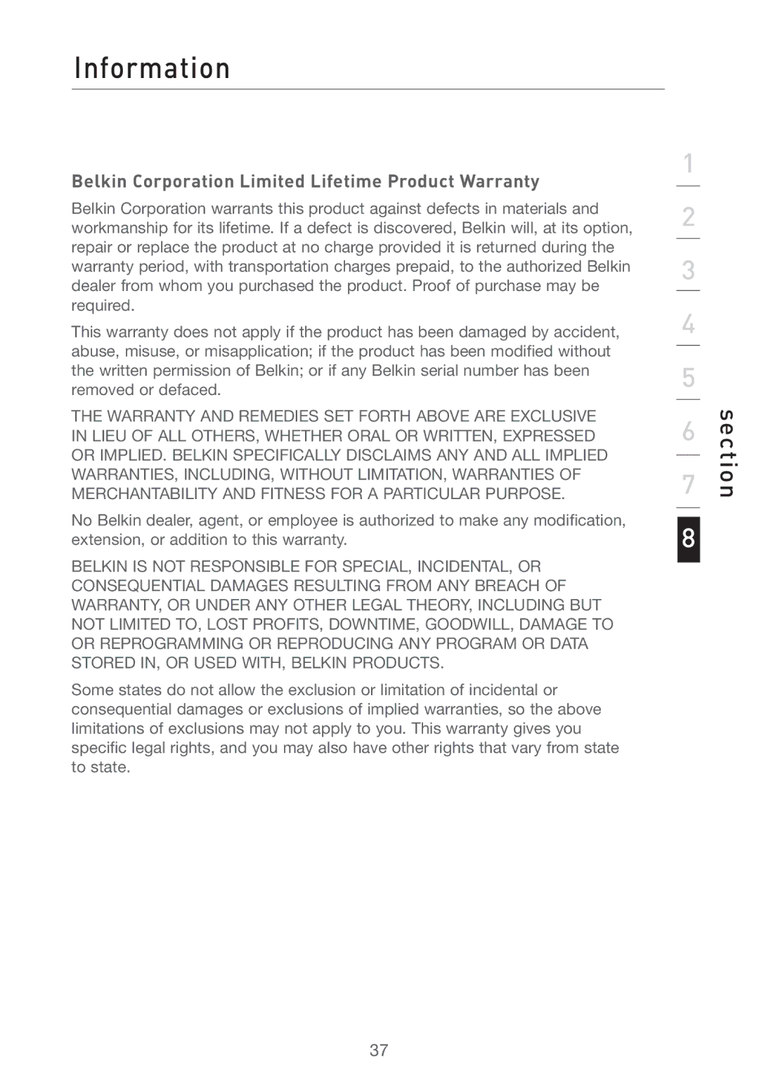 Belkin F5D6051 user manual Information, Belkin Corporation Limited Lifetime Product Warranty 