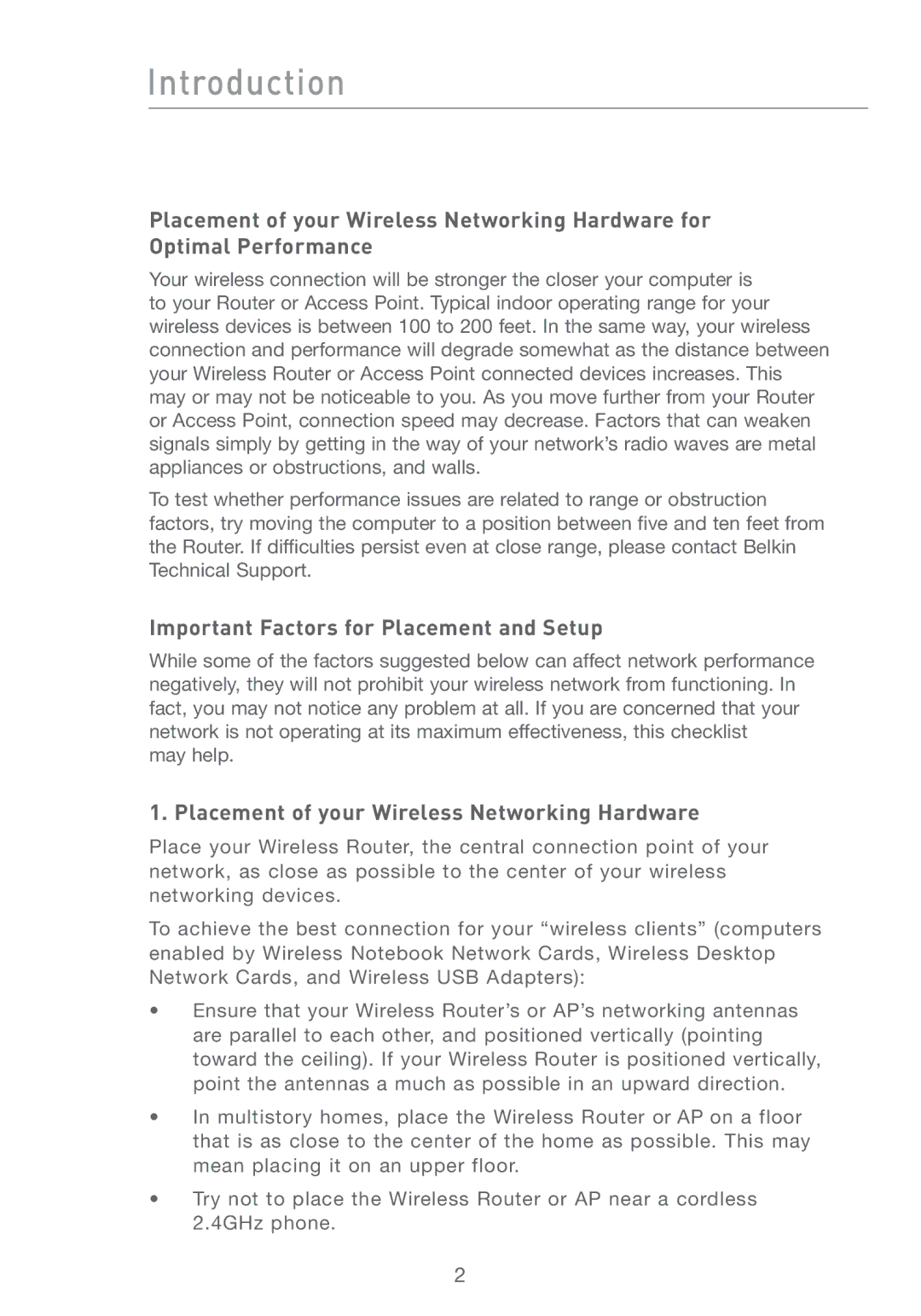 Belkin F5D6051 user manual Important Factors for Placement and Setup, Placement of your Wireless Networking Hardware 