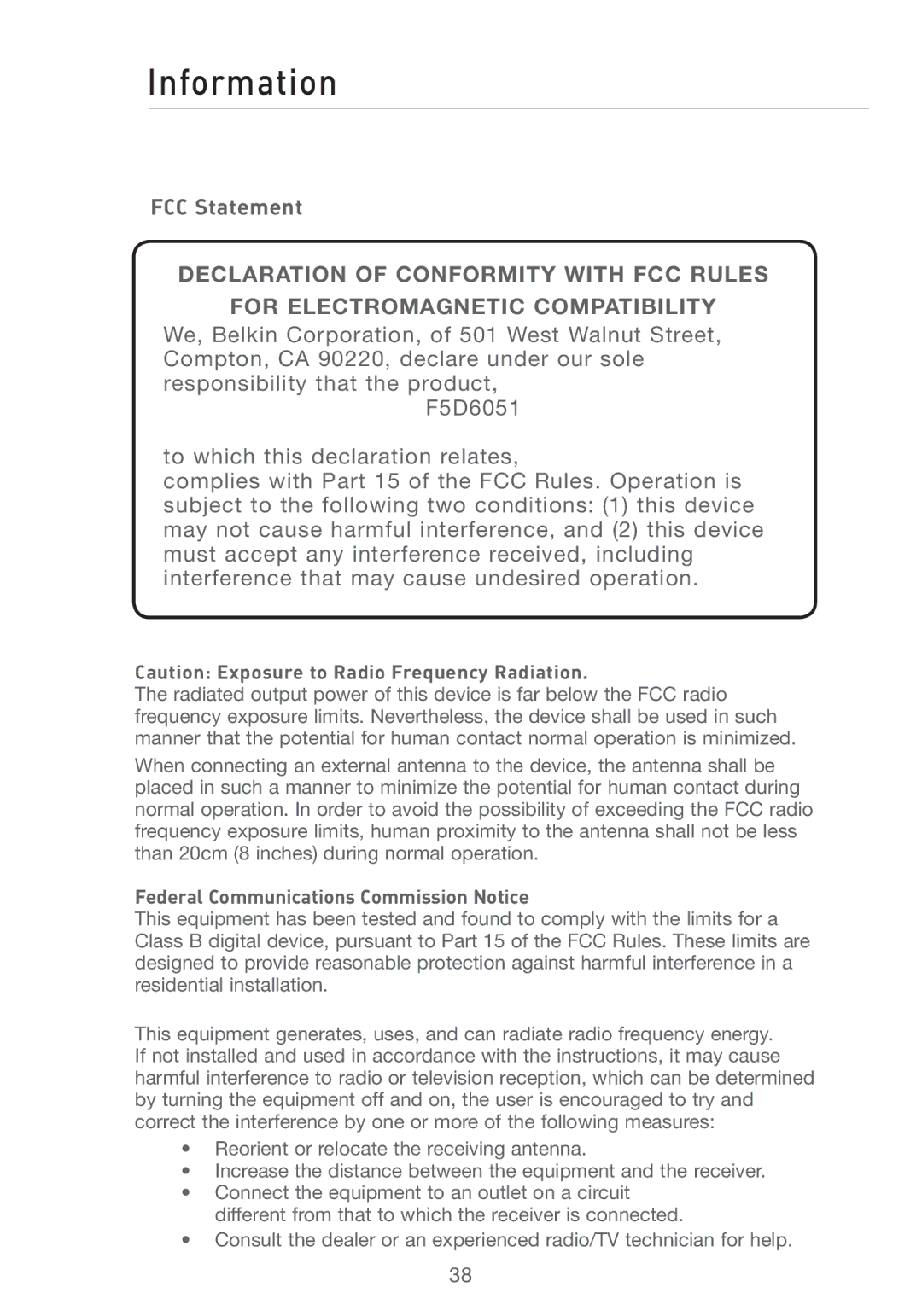 Belkin F5D6051 user manual FCC Statement, Federal Communications Commission Notice 