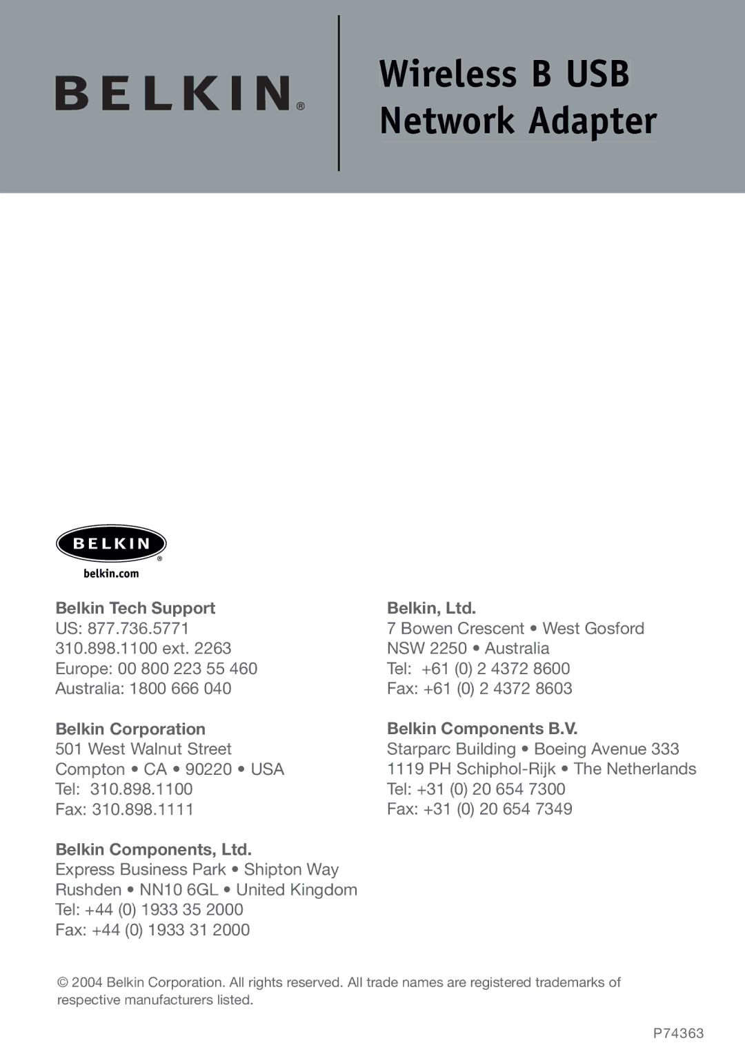 Belkin F5D6051 user manual Belkin Tech Support 