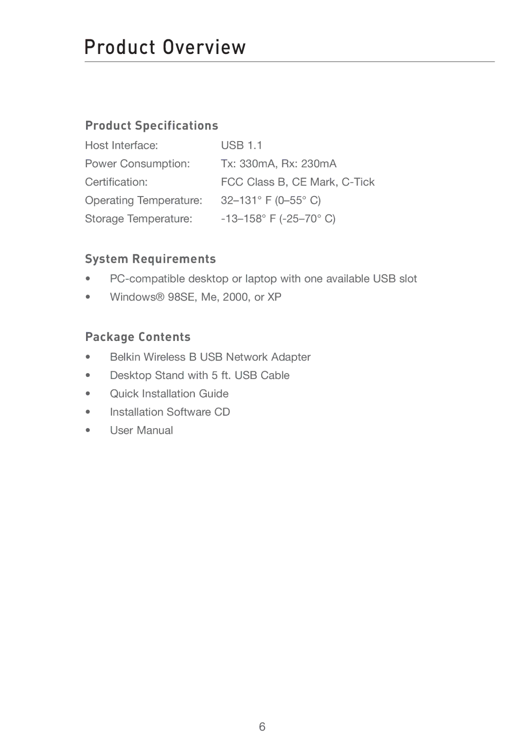 Belkin F5D6051 user manual Product Specifications, System Requirements, Package Contents 