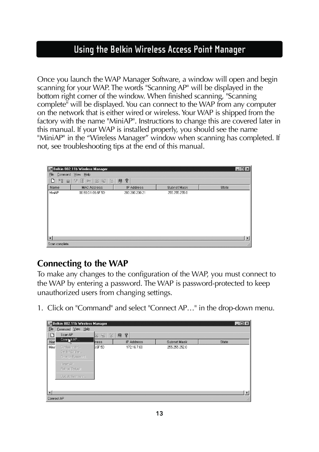 Belkin F5D6130 user manual Using the Belkin Wireless Access Point Manager, Connecting to the WAP 
