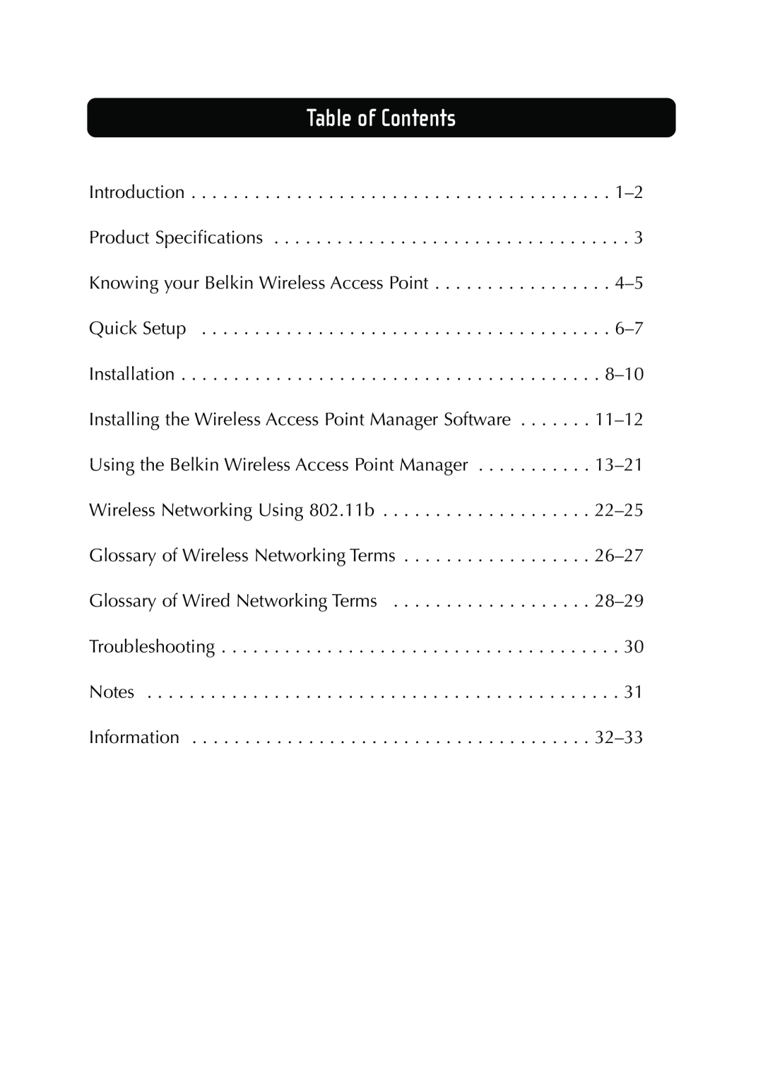 Belkin F5D6130 user manual Table of Contents 