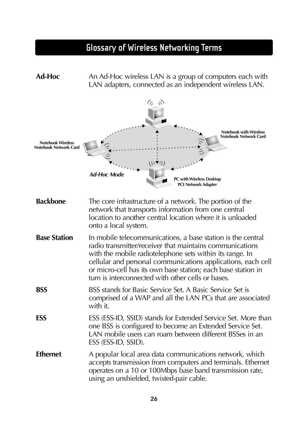 Belkin F5D6130 user manual Glossary of Wireless Networking Terms, Ad-Hoc, Backbone, Base Station, Ethernet 