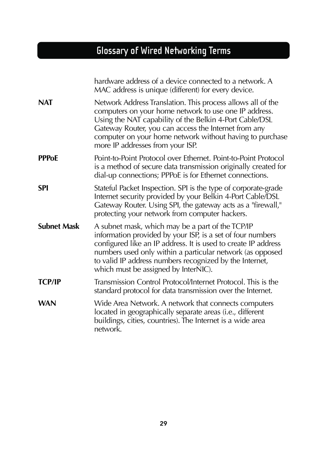 Belkin F5D6130 user manual PPPoE, Subnet Mask, Tcp/Ip, Glossary of Wired Networking Terms 
