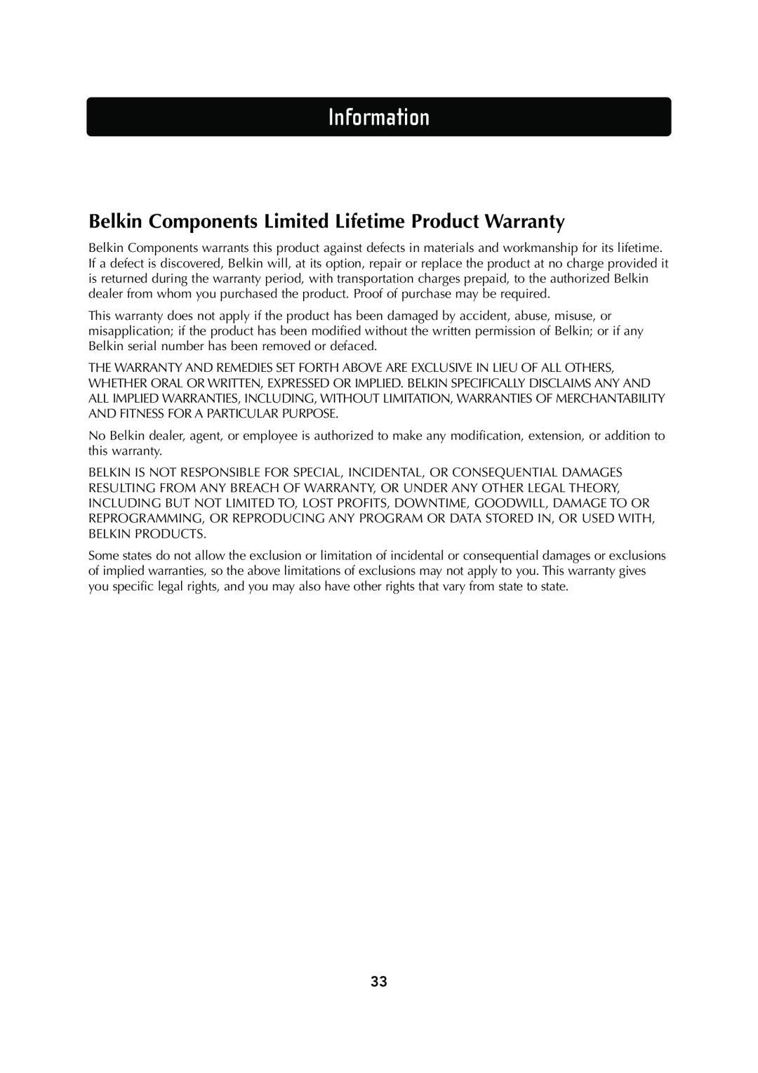 Belkin F5D6130 user manual Belkin Components Limited Lifetime Product Warranty, Information 
