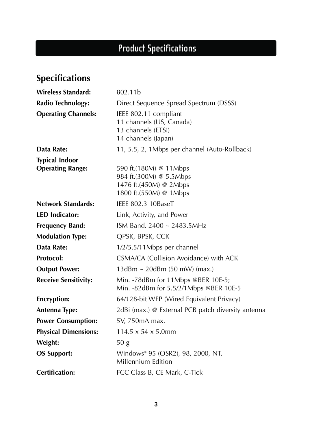 Belkin F5D6130 user manual Product Specifications 