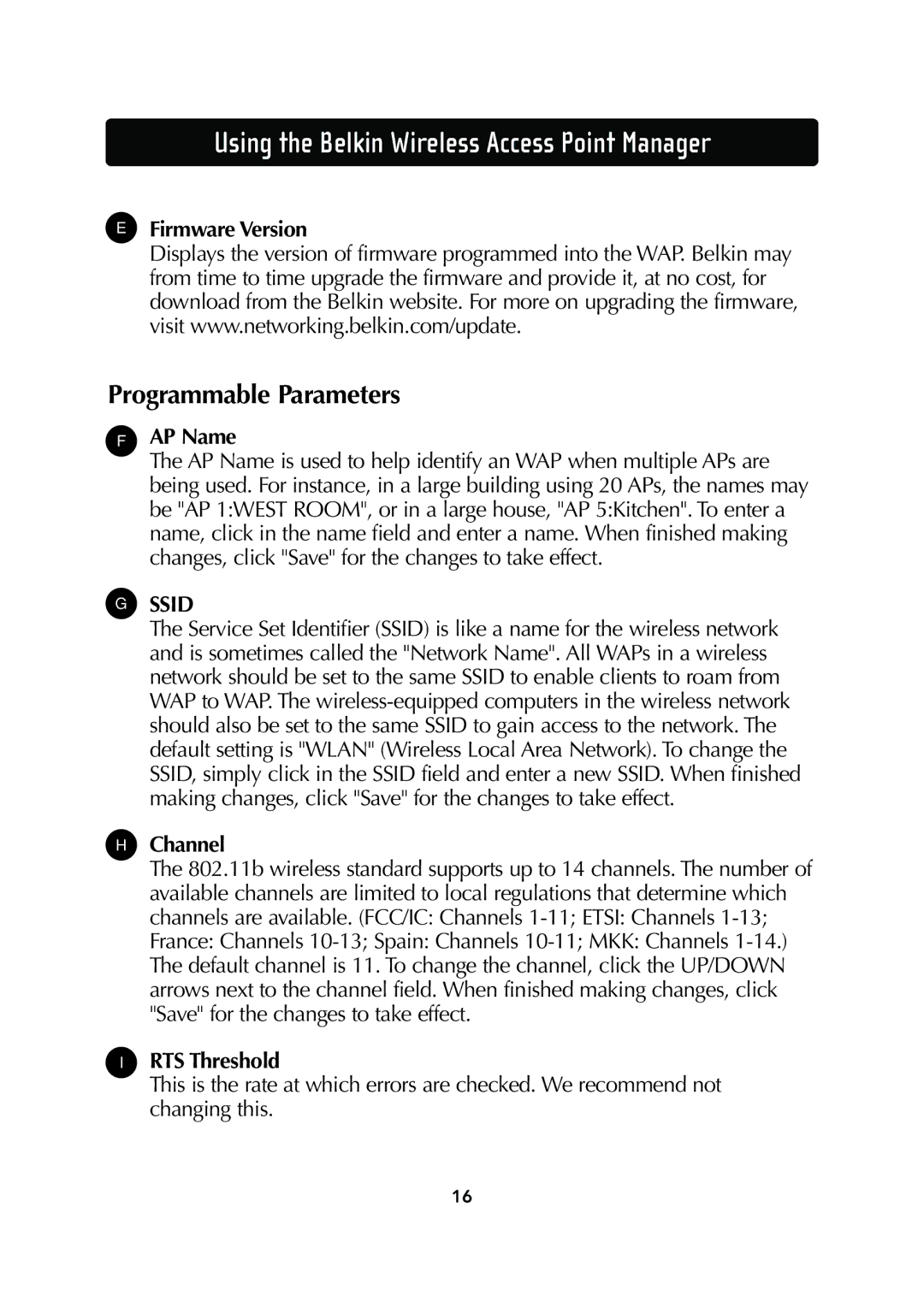 Belkin F5D6130 user manual Programmable Parameters, Firmware Version, AP Name, Channel, RTS Threshold 