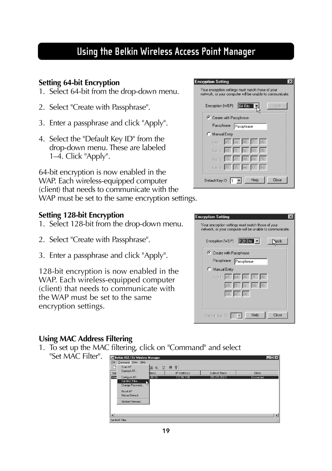 Belkin F5D6130 user manual Setting 64-bit Encryption, Setting 128-bit Encryption, Using MAC Address Filtering 