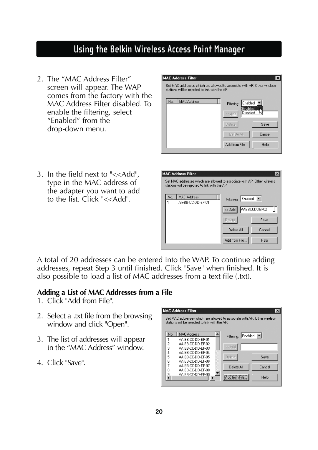 Belkin F5D6130 user manual Adding a List of MAC Addresses from a File, Click Add from File 