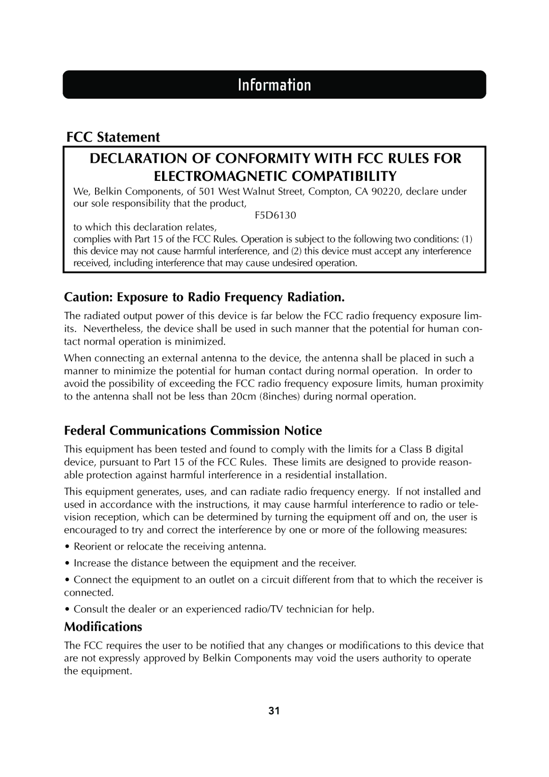 Belkin F5D6130 user manual Information, Federal Communications Commission Notice, Modifications 