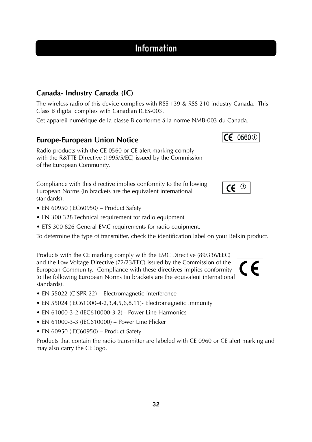 Belkin F5D6130 user manual Canada- Industry Canada IC, Europe-European Union Notice 