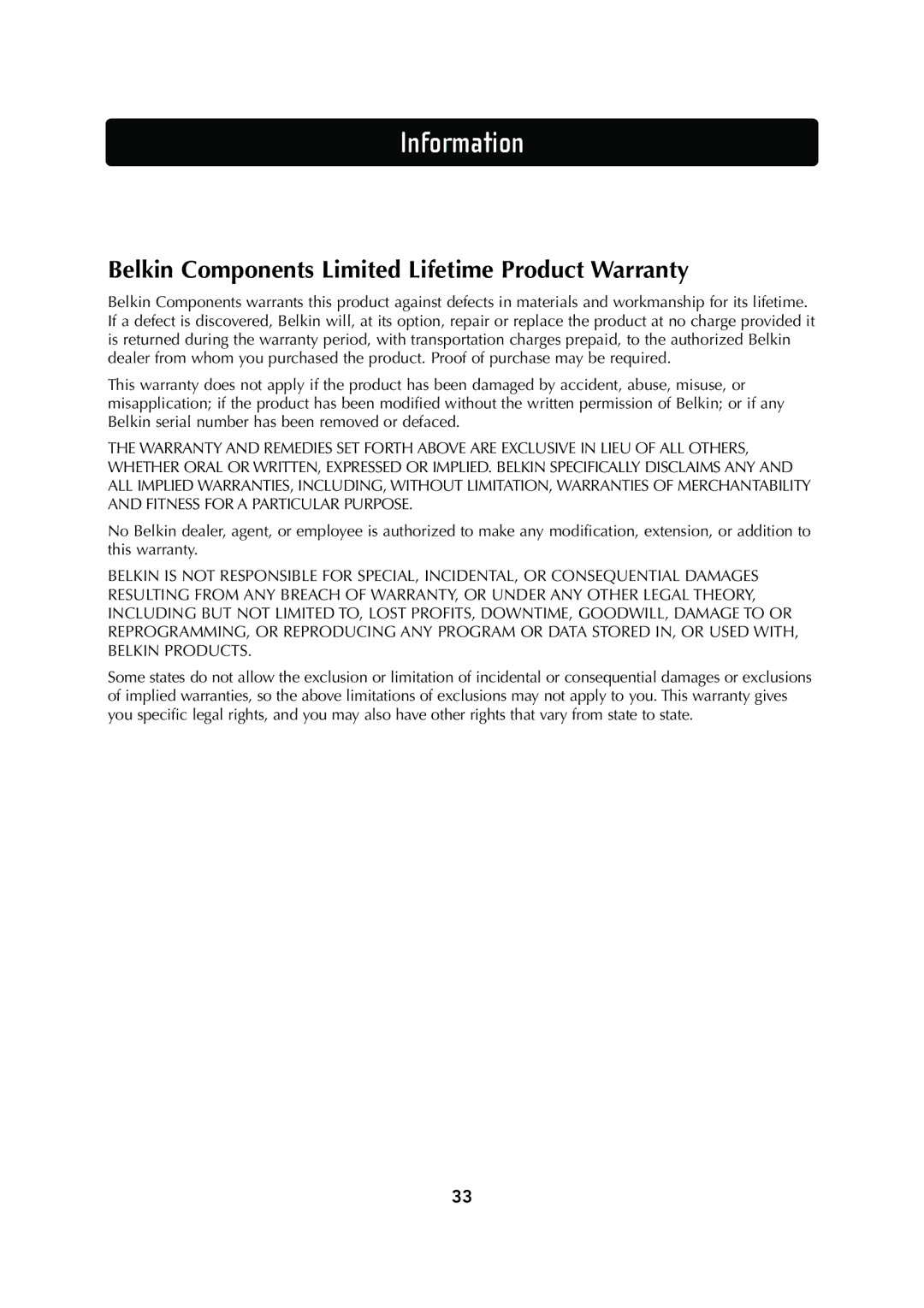 Belkin F5D6130 user manual Belkin Components Limited Lifetime Product Warranty 