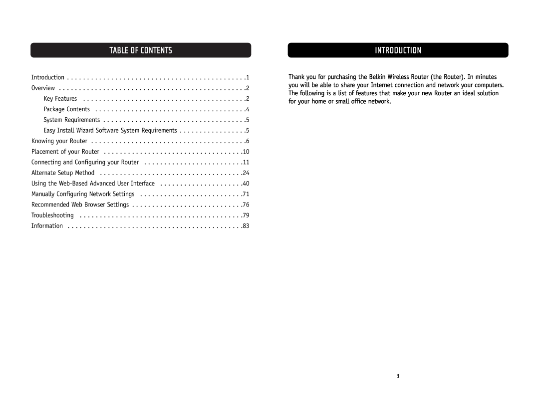 Belkin F5D6231-4 user manual Table Of Contents, Introduction 